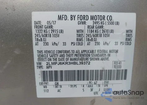 2017 Lincoln Mkx Select from USA, damaged, VIN 2LMPJ6KR3HBL39372